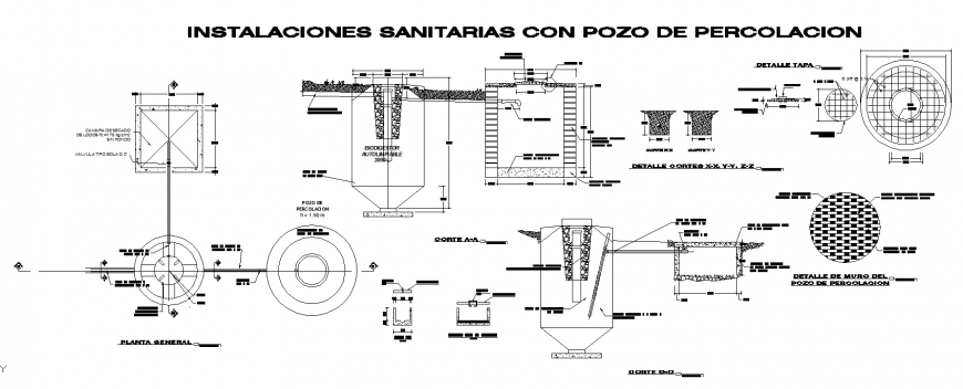 Sanitary facilities with percolation well drawing in dwg AutoCAD file.
