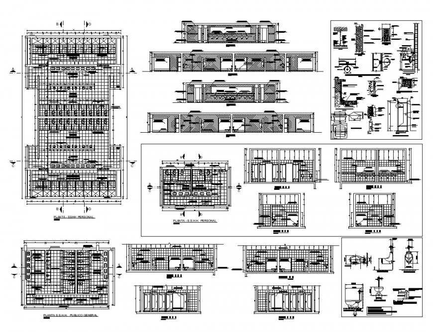 Sanitary public toilet detail elevation, plan and section 2d view CAD structural block autocad file