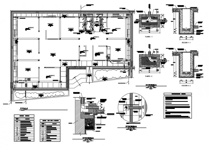 Sanitary section, construction and installation details of first floor of health post dwg file