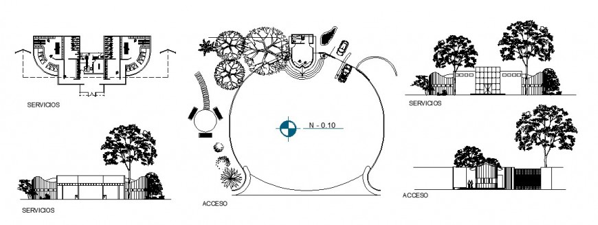 Sanitary services elevation, plan and installation details for industrial plant dwg file