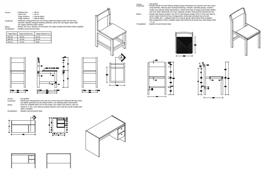 School table, chairs and furniture cad drawing details dwg file