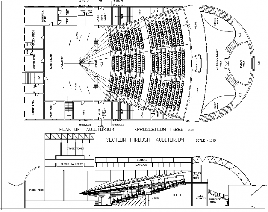 Section through auditorium plan and section autocad file