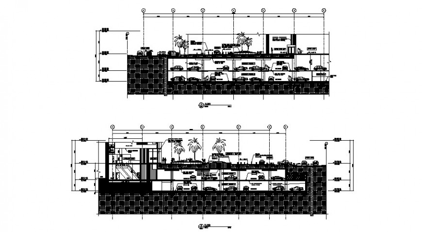 Sectional detail of road pavement networks and basement parking area dwg file