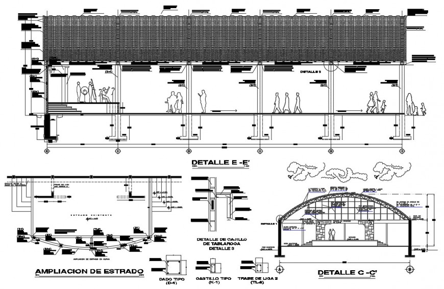 Sectional detail of roofing block of walk-bridge 2d view CAD construction block layout file in dwg format
