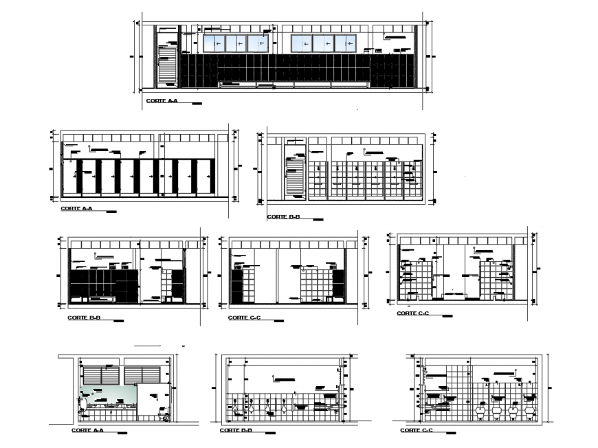 Sectional detail of sanitary public toilet units 2d view dwg file