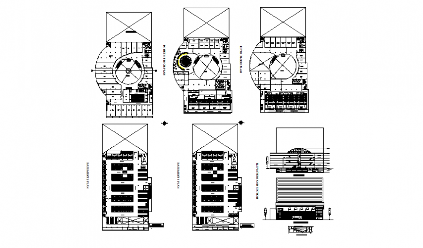 Shopping mall building elevation, section and floor plan layout details dwg file