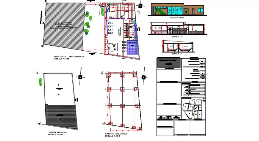Single storey building elevation and architecture plan detail dwg file
