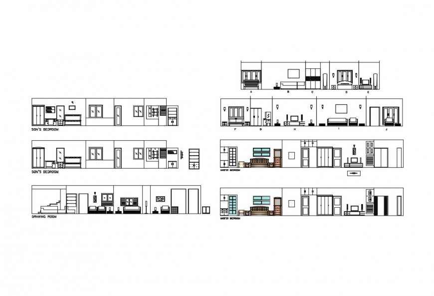 Single story house building elevation and sectional details dwg file