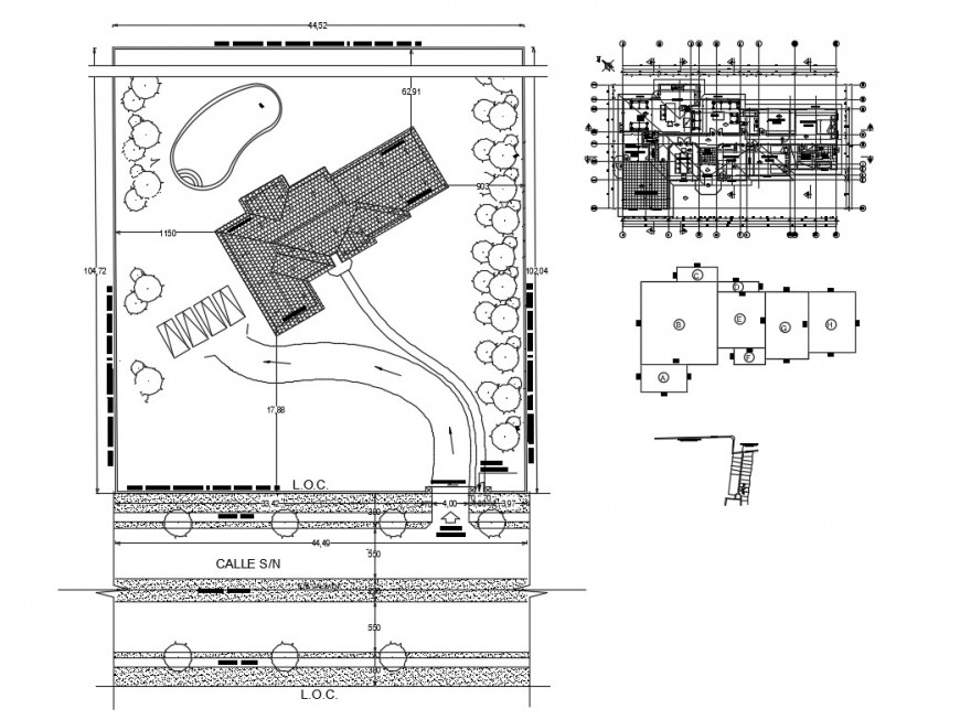 Single story house floor plan and landscaping structure details dwg file