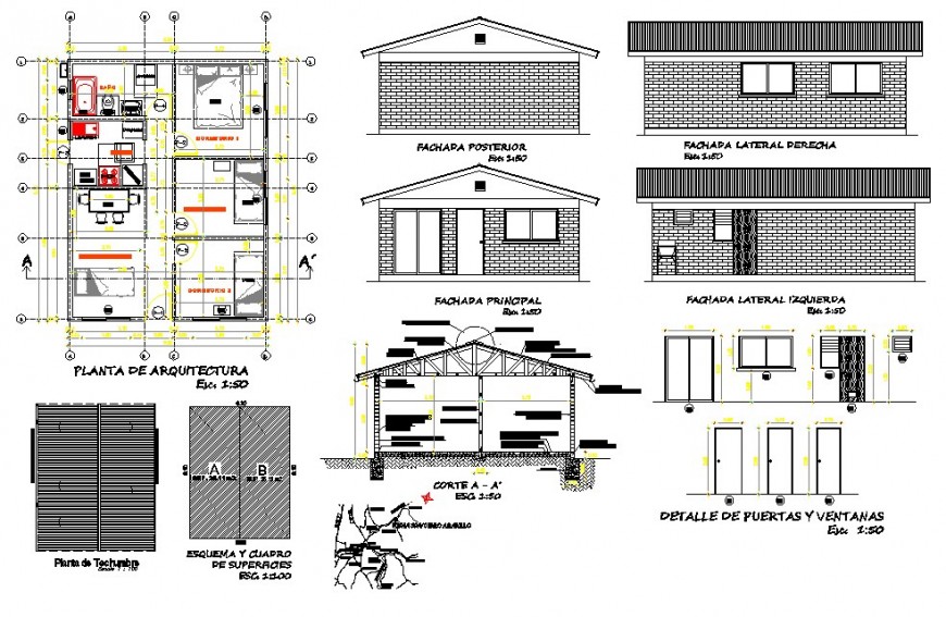 Single story house with roof detail 2d view CAD block layout autocad file