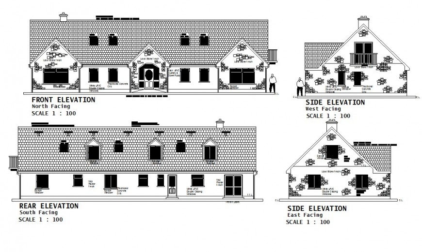 Single story housing structure elevation 2d view CAD block layout dwg file
