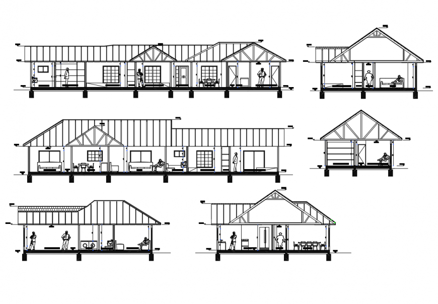 Single story one family house all sided elevation and section details dwg file