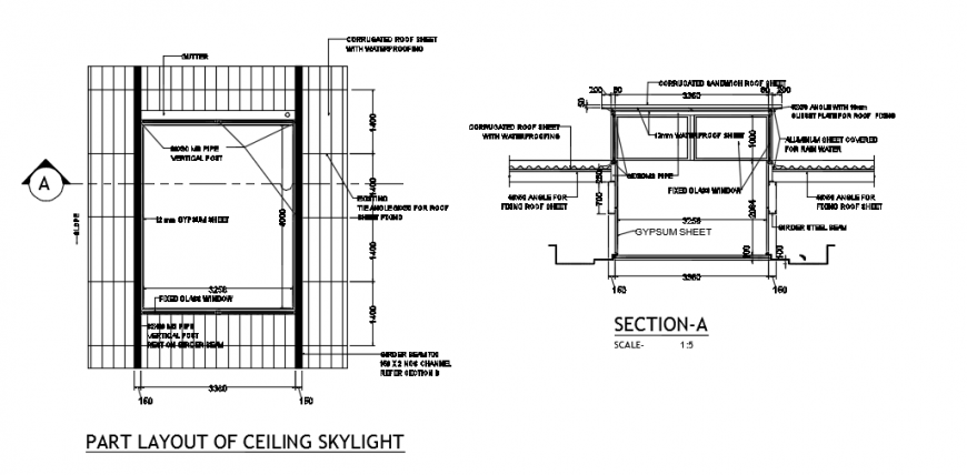 Skylight detail sectional plan top view dwg file