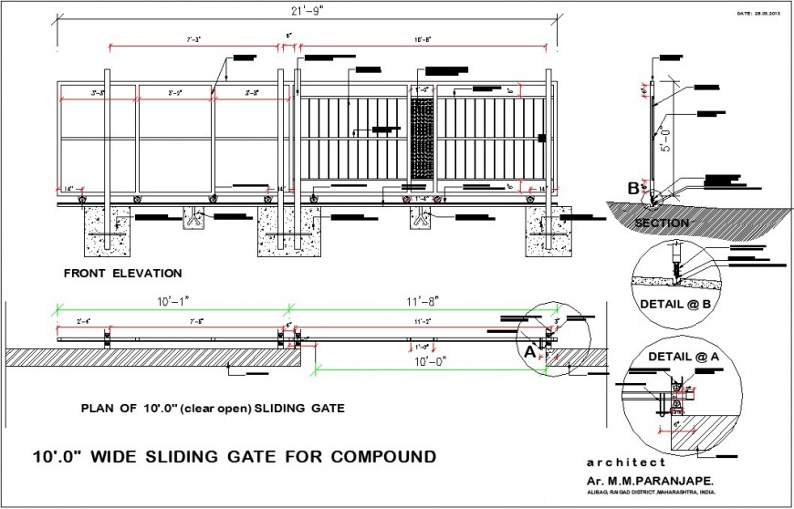 Sliding gate 10x39 meters plan, elevation and section detail dwg file