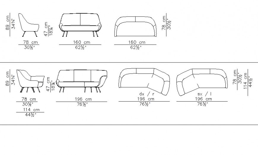 Sofa set detail 2d view CAD furniture block layout file in dwg format