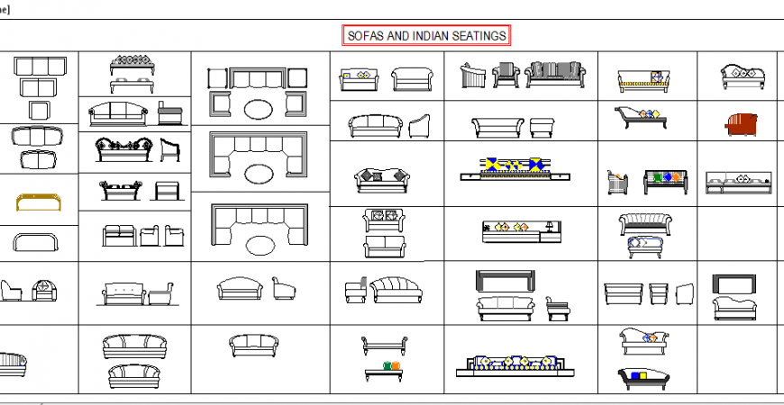 Sofa sets and Indian seating furniture blocks cad drawing details dwg file