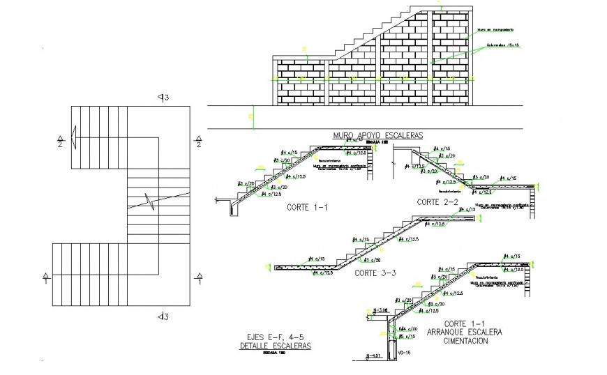 Staircase plan and sectional detail 2d view CAD structural block layout autocad file