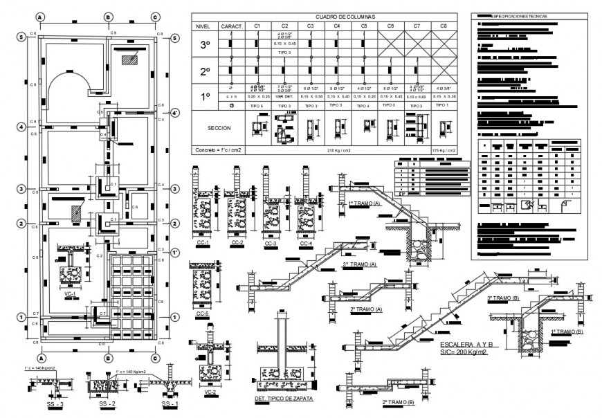 Staircase section, construction and foundation plan details of house dwg file