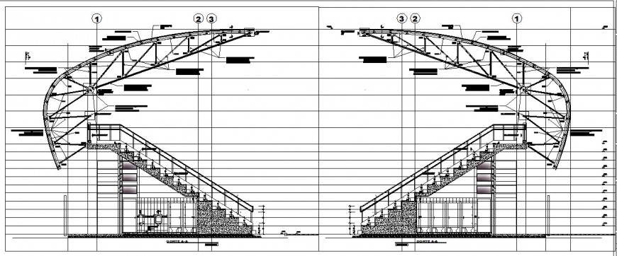 Staircase structure and shade 2d view CAD construction block layout dwg file