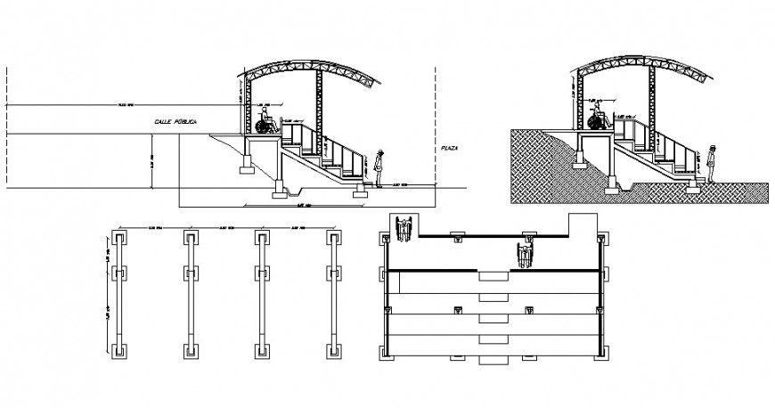 Staircase structure detail elevation and plan 2d view layout dwg file