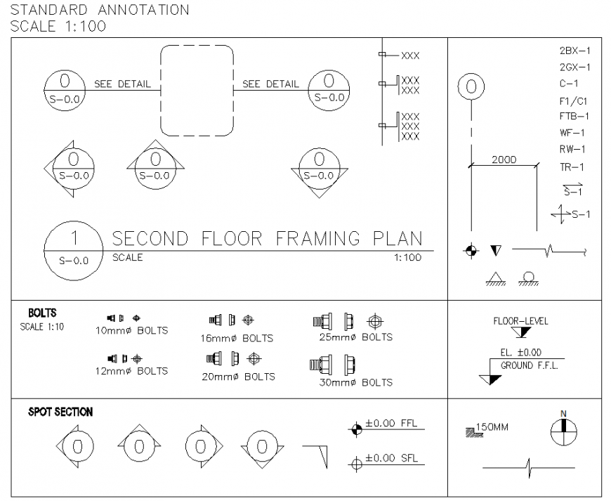 Standard annotation and bolt section plan autocad file