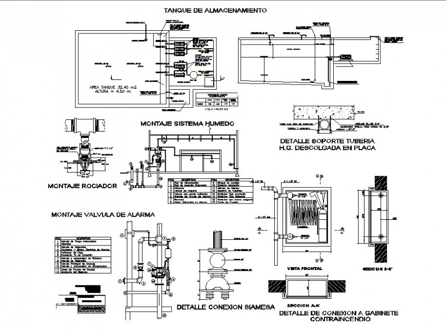 Storage tank section, construction, water system and plumbing structure details dwg file