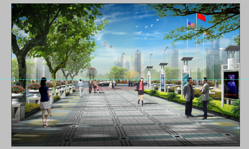 Street view details with multiple buildings 3d drawing psd file