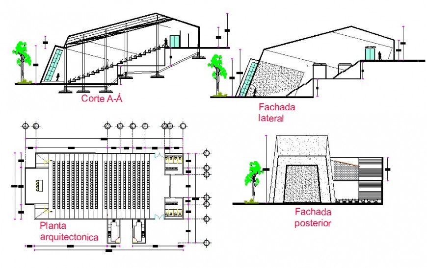 Theater building detail plan, elevation and section 2d view CAD structural block autocad file