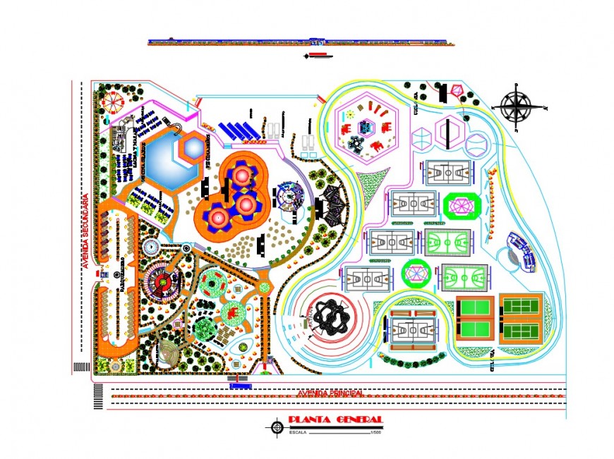 Theme park with sports ground landscaping design cad drawing details dwg file
