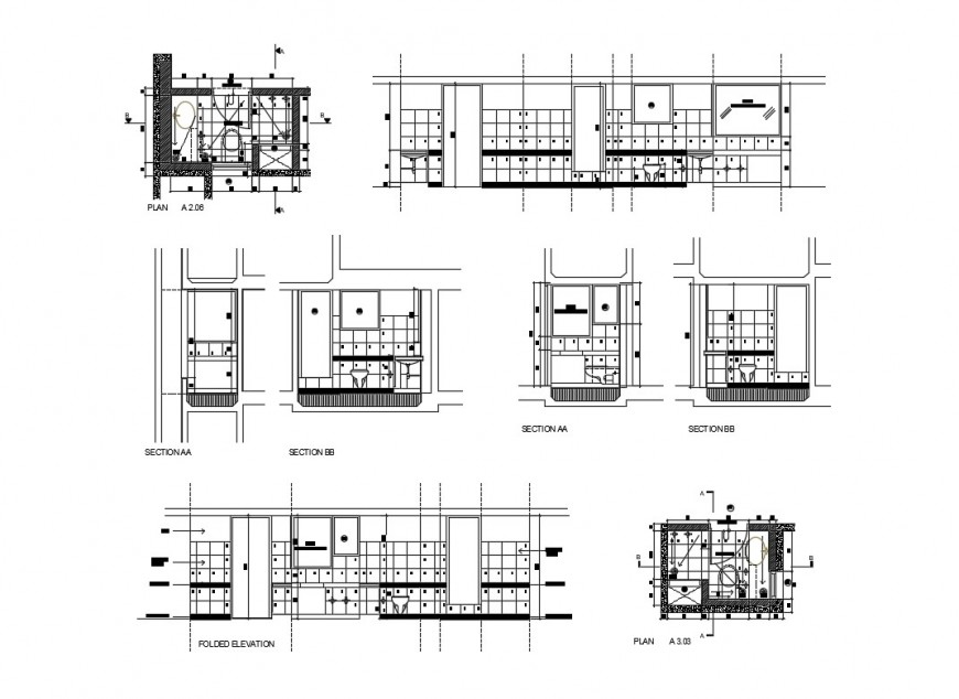 Toilet and bathroom flooded elevation, section and plan details dwg file