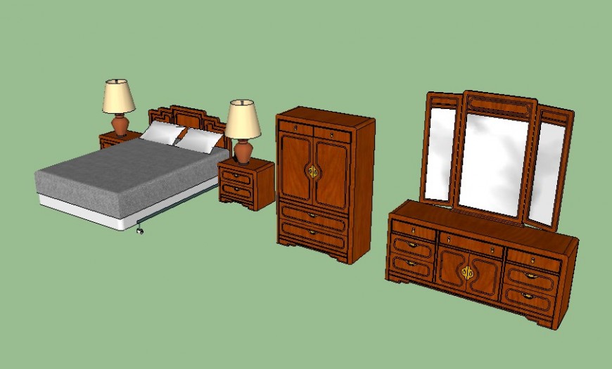Traditional bedroom furniture 3d model detail in skp Sketch Up file.