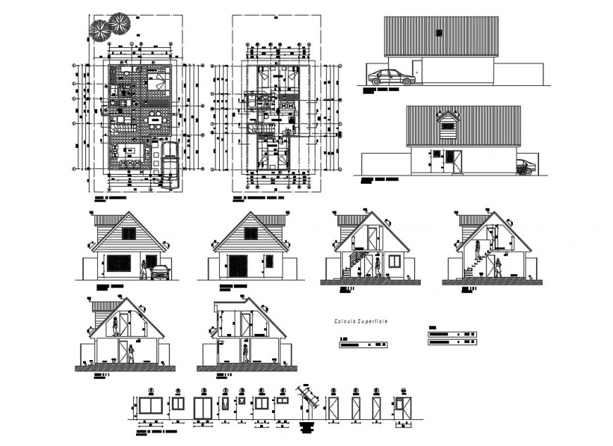 Two-level small house elevation, section, floor plan and doors and windows details dwg file