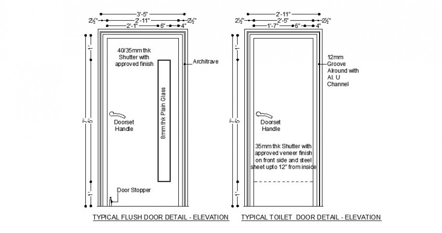 Typical flush and toilet door elevation cad block details dwg file