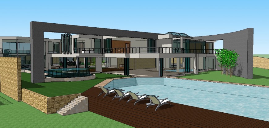 Villa 3d model with pool area in skp Sketch Up file.