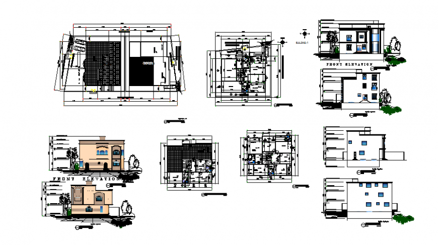 villa plan, elevation and section autocad file