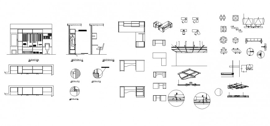 Wardrobe , study table , ceiling and office cubicle working drawing in dwg file.