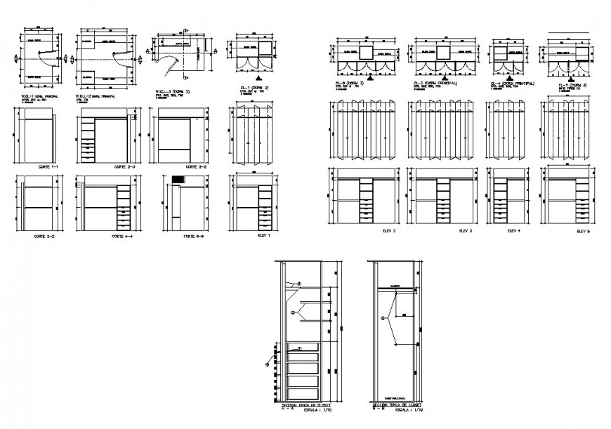 Wardrobe plan, section and elevation CAD furniture blocks 2d view layout dwg file