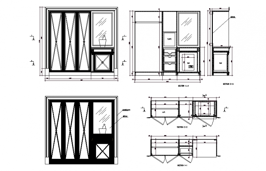 Wardrobe with bar and safe elevation and section details dwg file