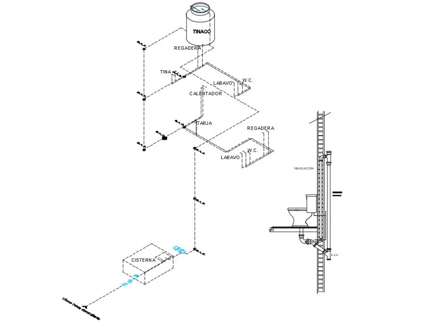 Water tank installation isometric view details with sanitary cad drawing details dwg file