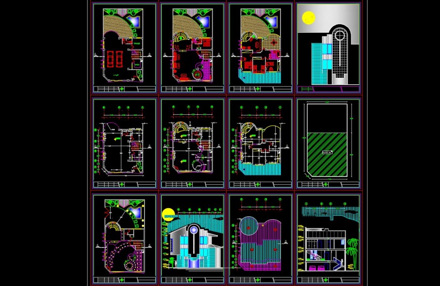 Duplex house plan, elevation and section autocad file