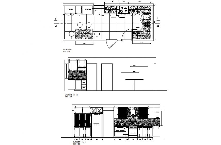 Kitchen working drawing in dwg file.