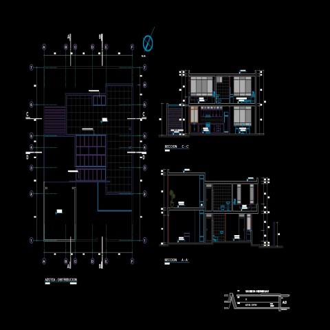 Two level house elevation and sectional details dwg file